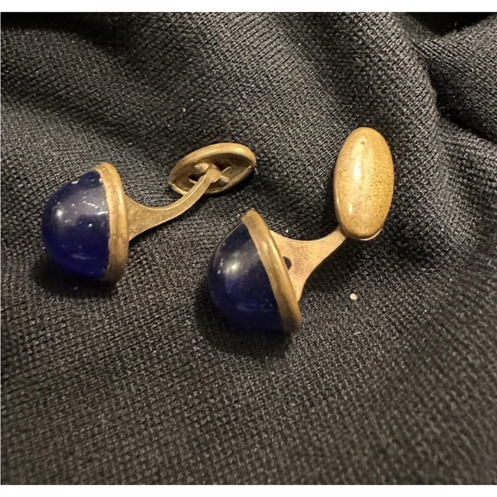 Vintage Source Unknown Deep Blue and Gold Cuff Links - Picture 2 of 10